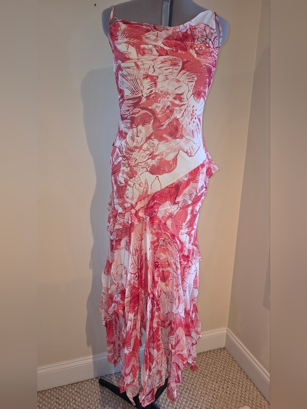 BCBGMaxAzria Pink and White Asymmetrical Ruffle Maxi Dress Vintage 12